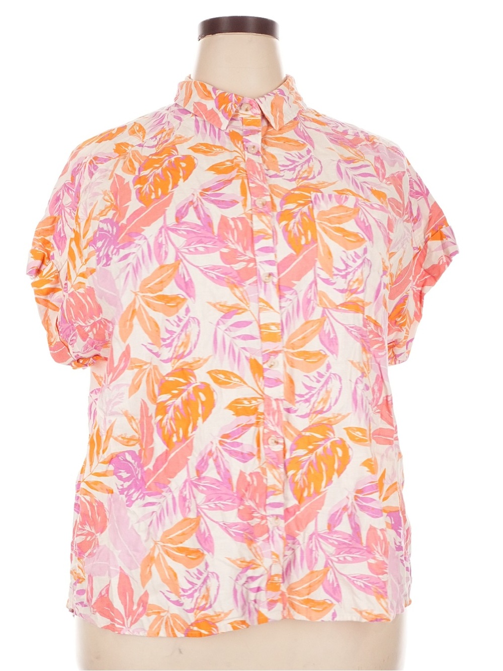 Terra & Sky Tropical Print Short Sleeve Button Down Blouse - Linen Blend